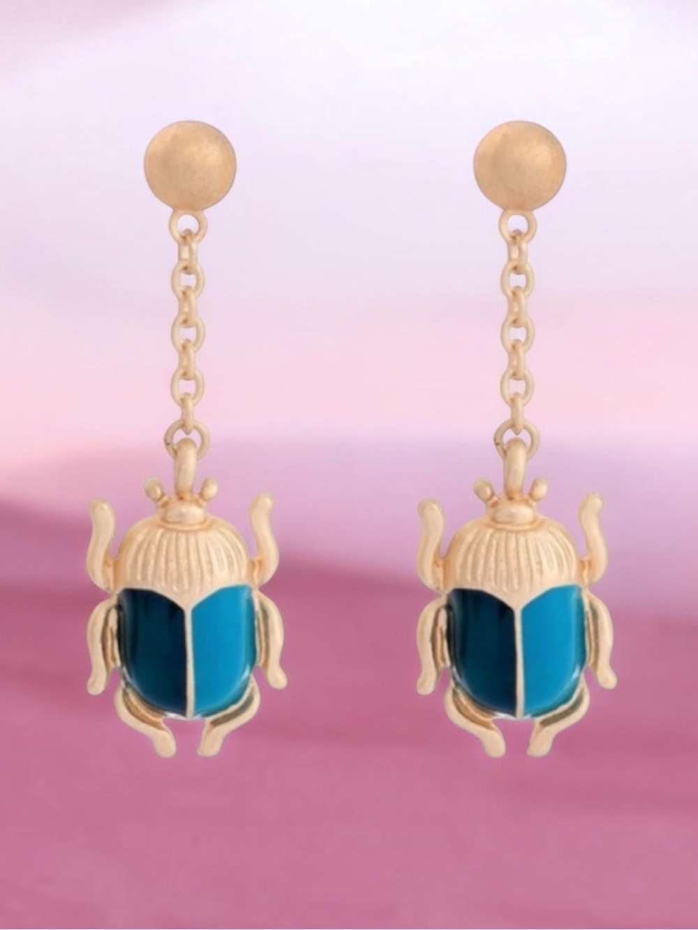 BOUTIQUE Gold Blue Beetle Bug Dangle Drop Statement Earrings - Picture 2 of 9